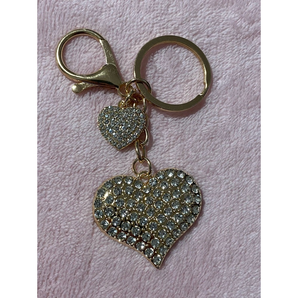 Crystal Collection Double Heart Keychains Gold Tone Ring & Lobster Lock Fashion